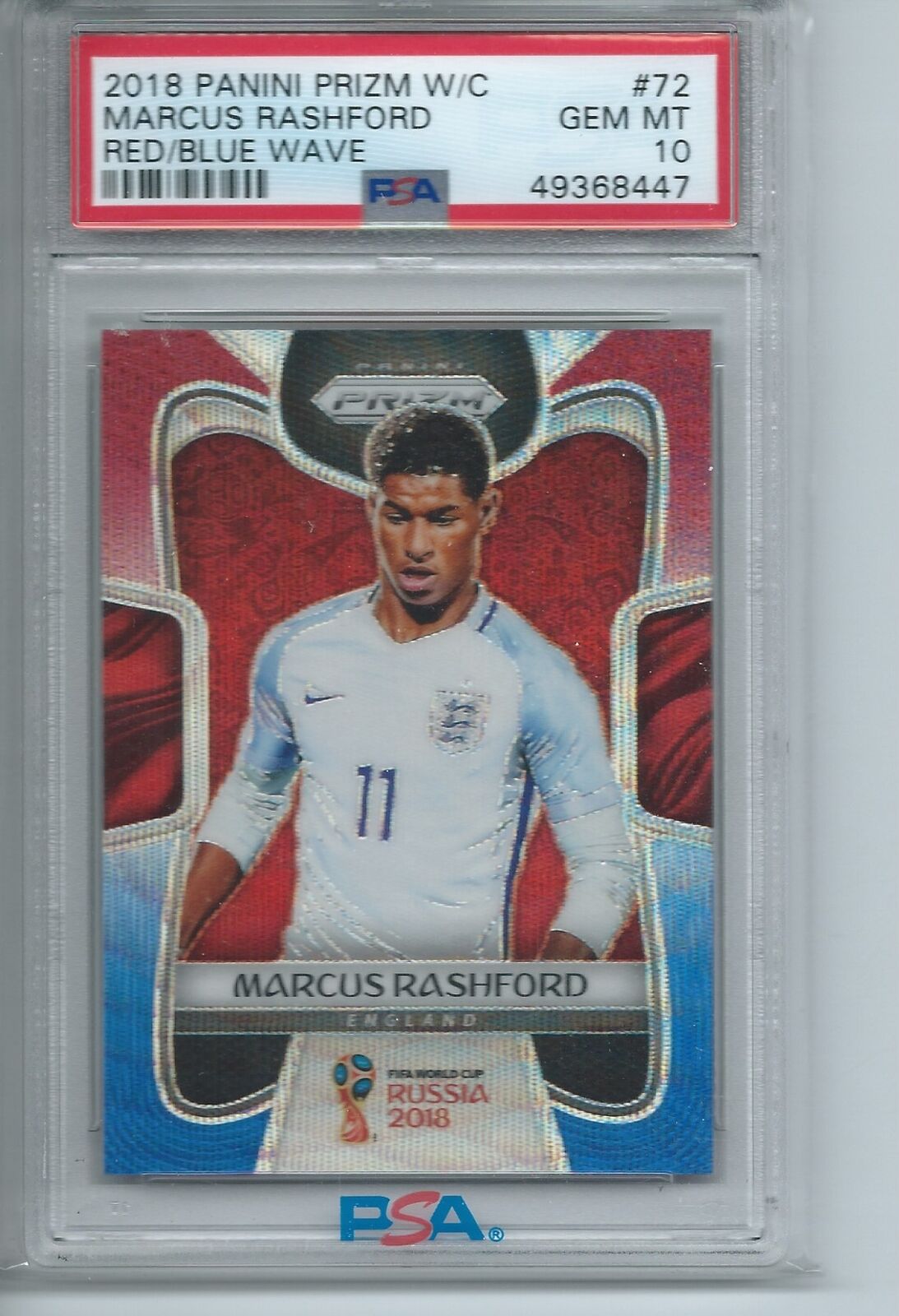 MARCUS RASHFORD 2018-19 PANINI PRIZM WORLD CUP RED BLUE WAVE PRIZM RC PSA 10 GEM