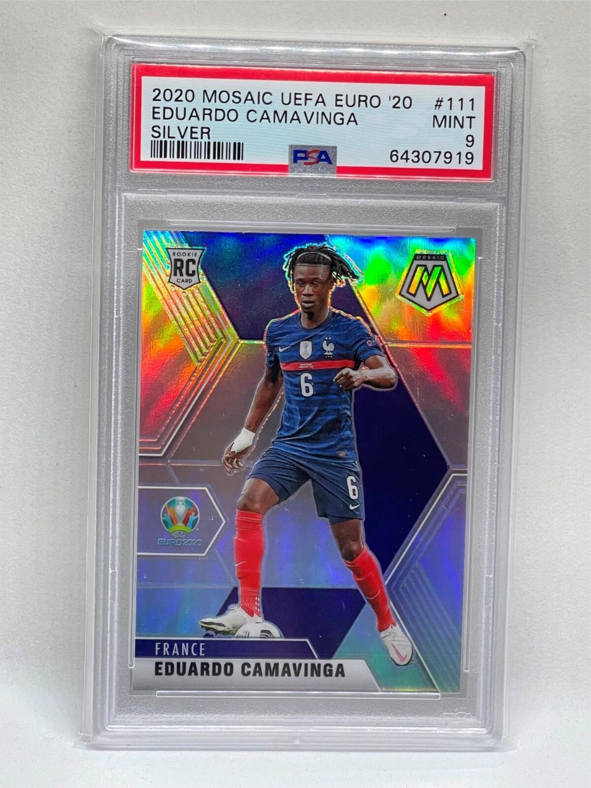 EDUARDO CAMAVINGA 2020 MOSAIC UEFA EURO '20 SILVER PRIZM ROOKIE RC #111 PSA 9