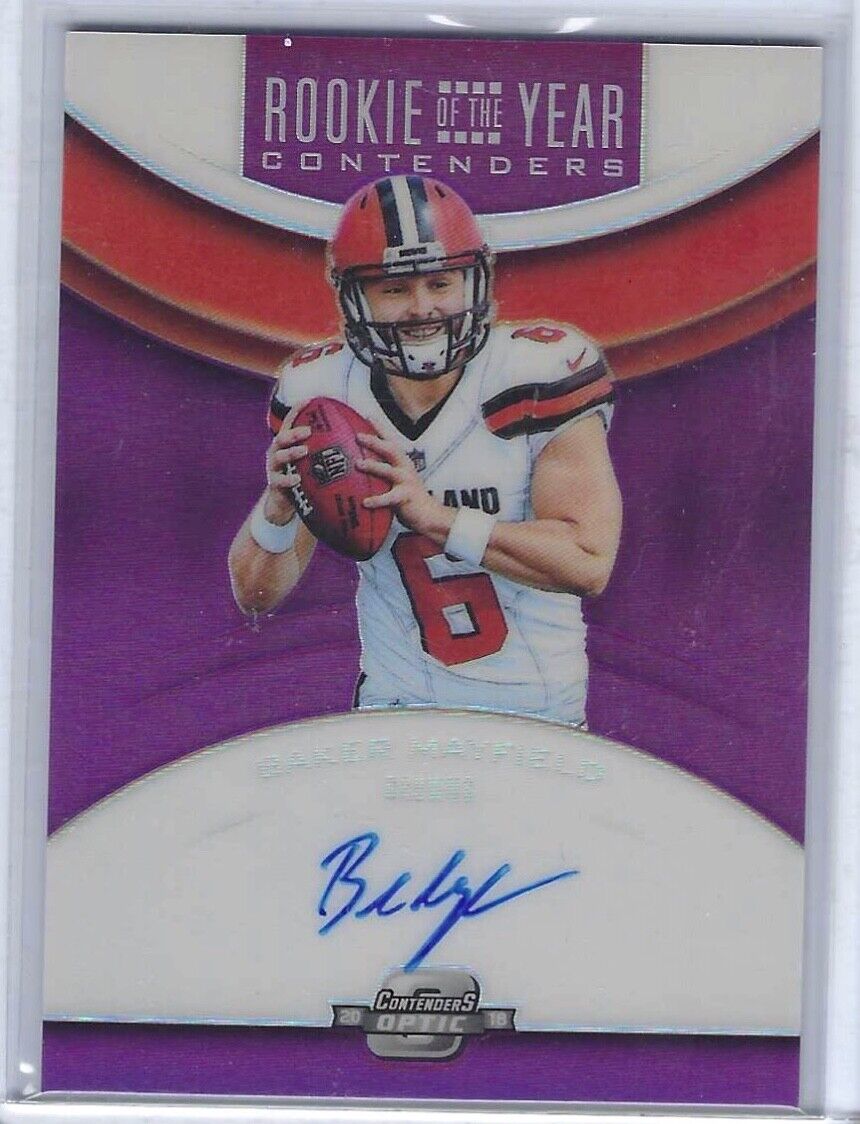 BAKER MAYFIELD 2018 OPTIC CONTENDERS PURPLE PRIZM ROOKIE YEAR AUTO RC #D 29/49