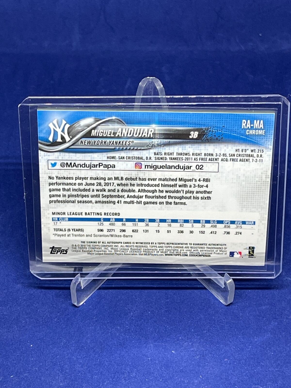 MIGUEL ANDUJAR 2018 TOPPS CHROME ON CARD AUTO ROOKIE RC