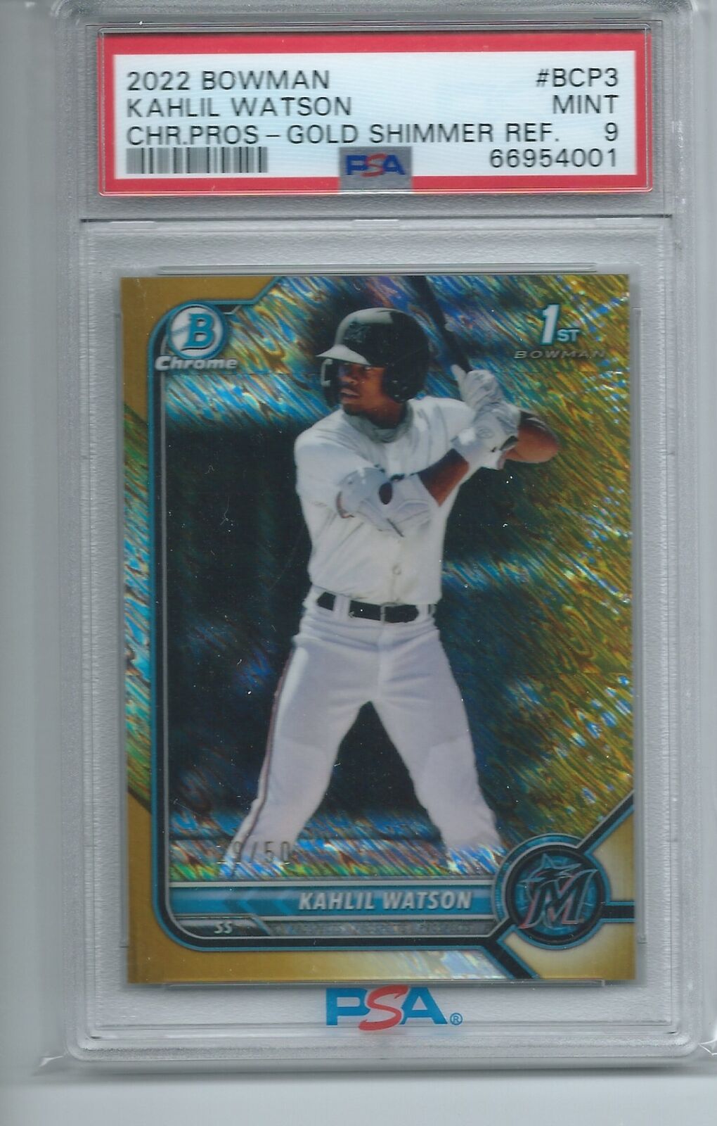 KAHLIL WATSON 2022 BOWMAN CHROME PROSPECT GOLD SHIMMER REFRACTOR 1ST /50 PSA 9