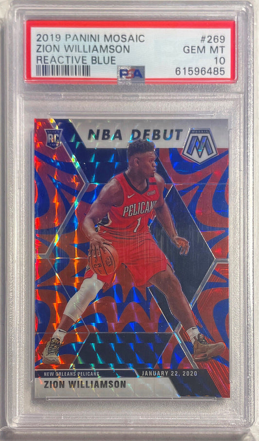 ZION WILLIAMSON 2019-20 PANINI MOSAIC REACTIVE BLUE PRIZM RC #269 PSA 10 GEM
