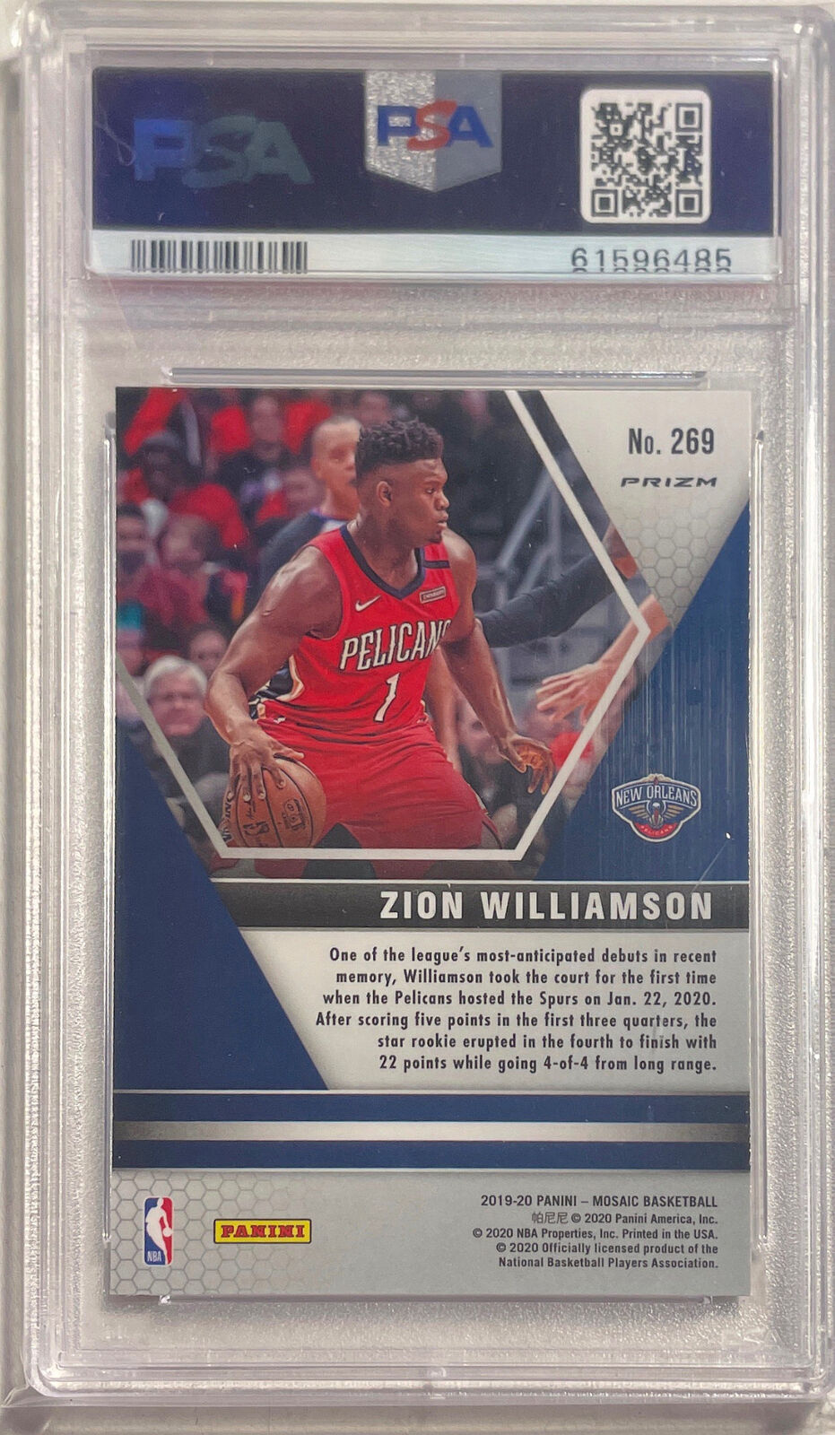 ZION WILLIAMSON 2019-20 PANINI MOSAIC REACTIVE BLUE PRIZM RC #269 PSA 10 GEM