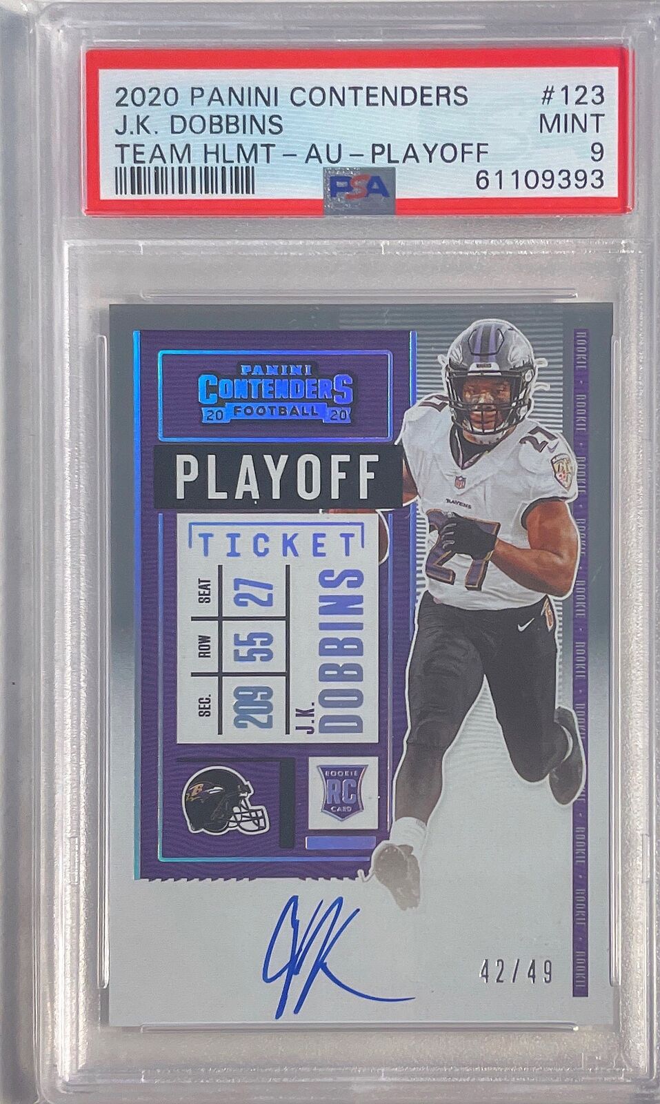 J.K. DOBBINS 2020 CONTENDERS PLAYOFF TICKET AUTO RC #D 42/49 PSA 9 MINT POP 6
