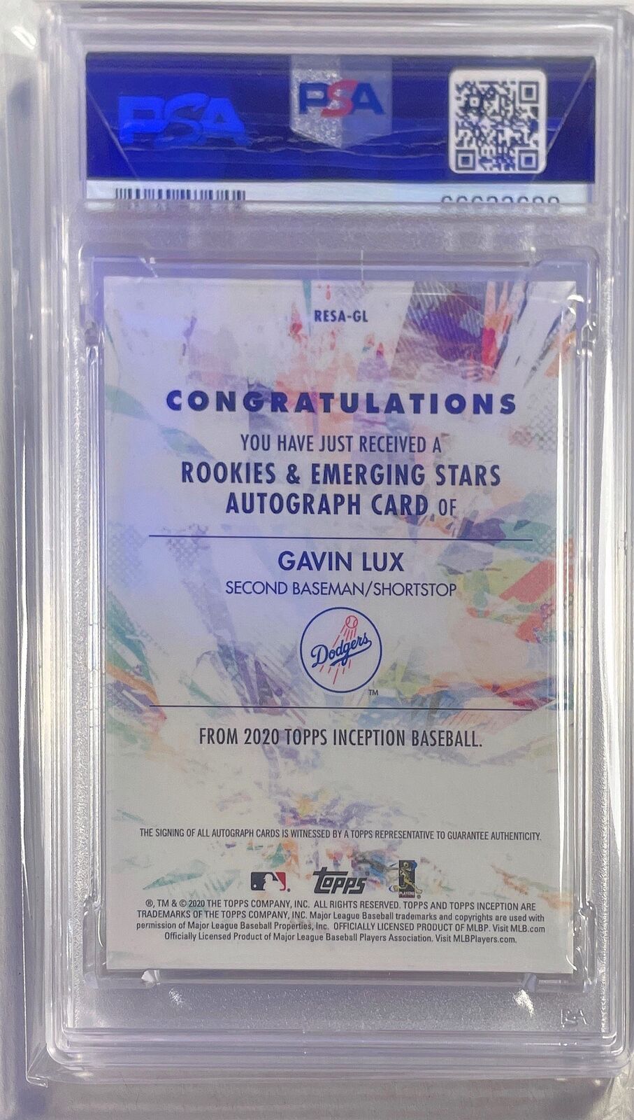GAVIN LUX 2020 TOPPS INCEPTION STARS MAGENTA AUTO RC #D 97/99 PSA 10 GEM POP 6
