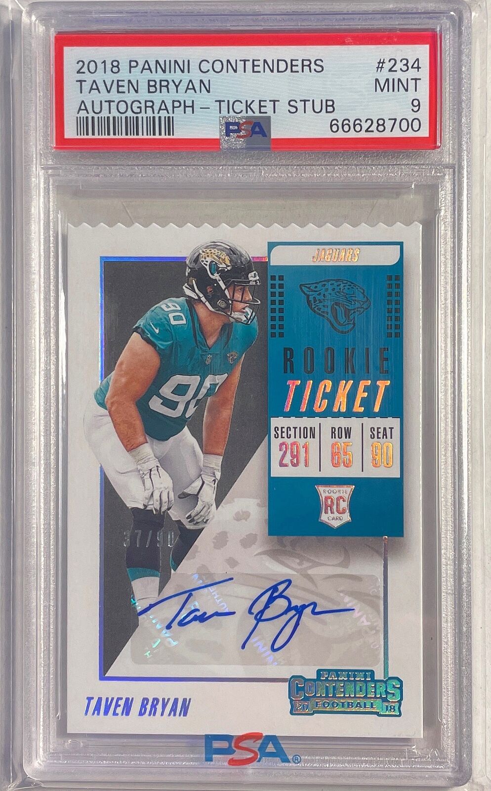 TAVEN BRYAN 2018 CONTENDERS ROOKIE TICKET STUB AUTO RC #D 37/90 PSA 9 POP 1/1