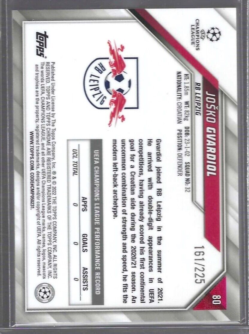 JOSKO GVARDIOL 2021-22 TOPPS CHROME UEFA NIGHT VISION REFRACTOR RC #D 161/225
