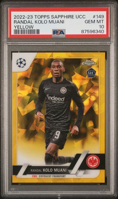 RANDAL KOLO MUANI 2022-23 TOPPS CHROME SAPPHIRE YELLOW REFRACTOR RC /99 PSA 10
