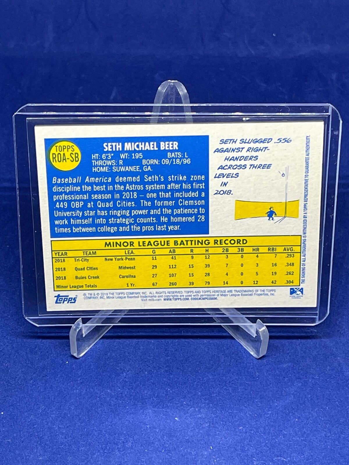 SETH BEER 2019 TOPPS HERITAGE MINORS REAL ONE ON CARD AUTO PROSPECT