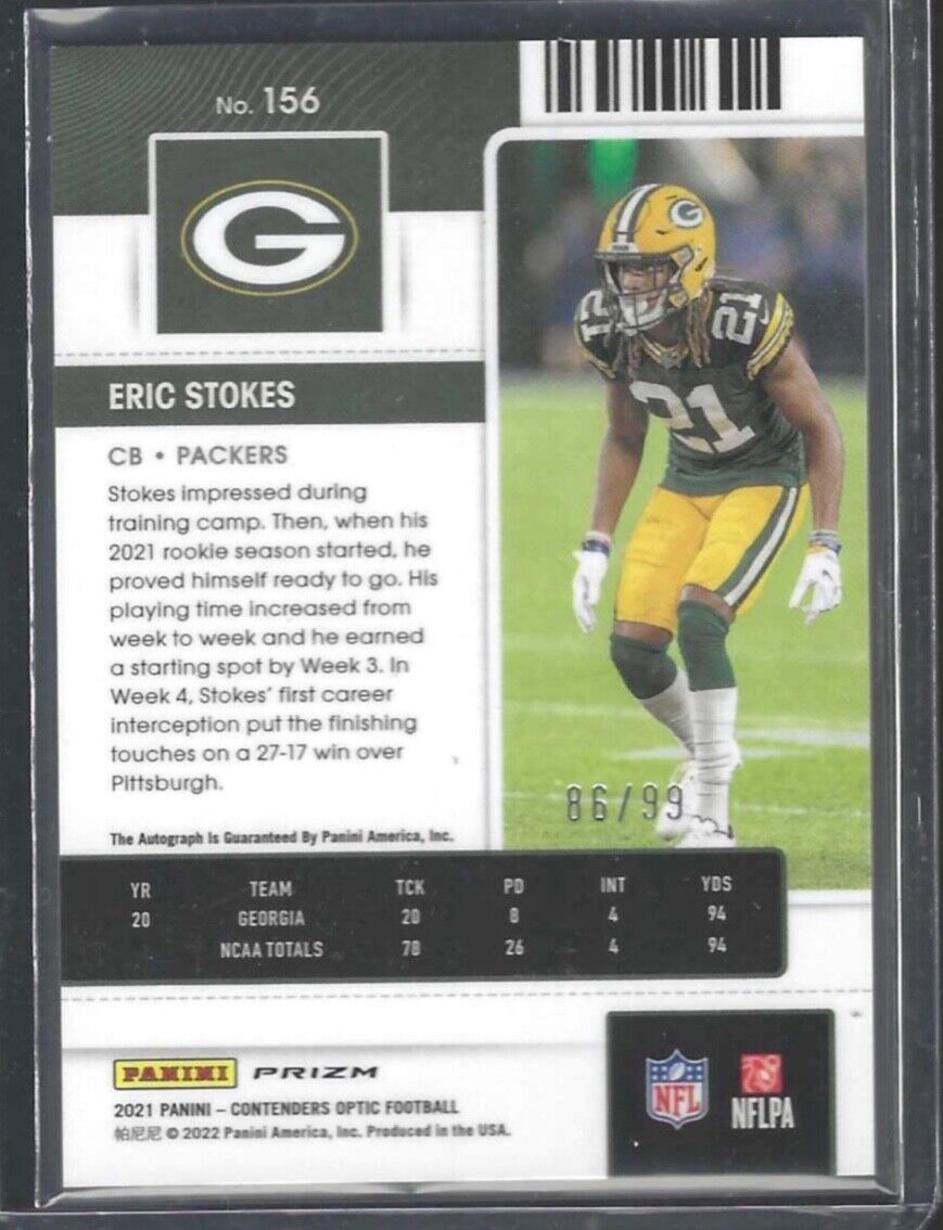 ERIC STOKES 2021 PANINI OPTIC CONTENDERS BLUE ROOKIE TICKET AUTO RC #D 86/99