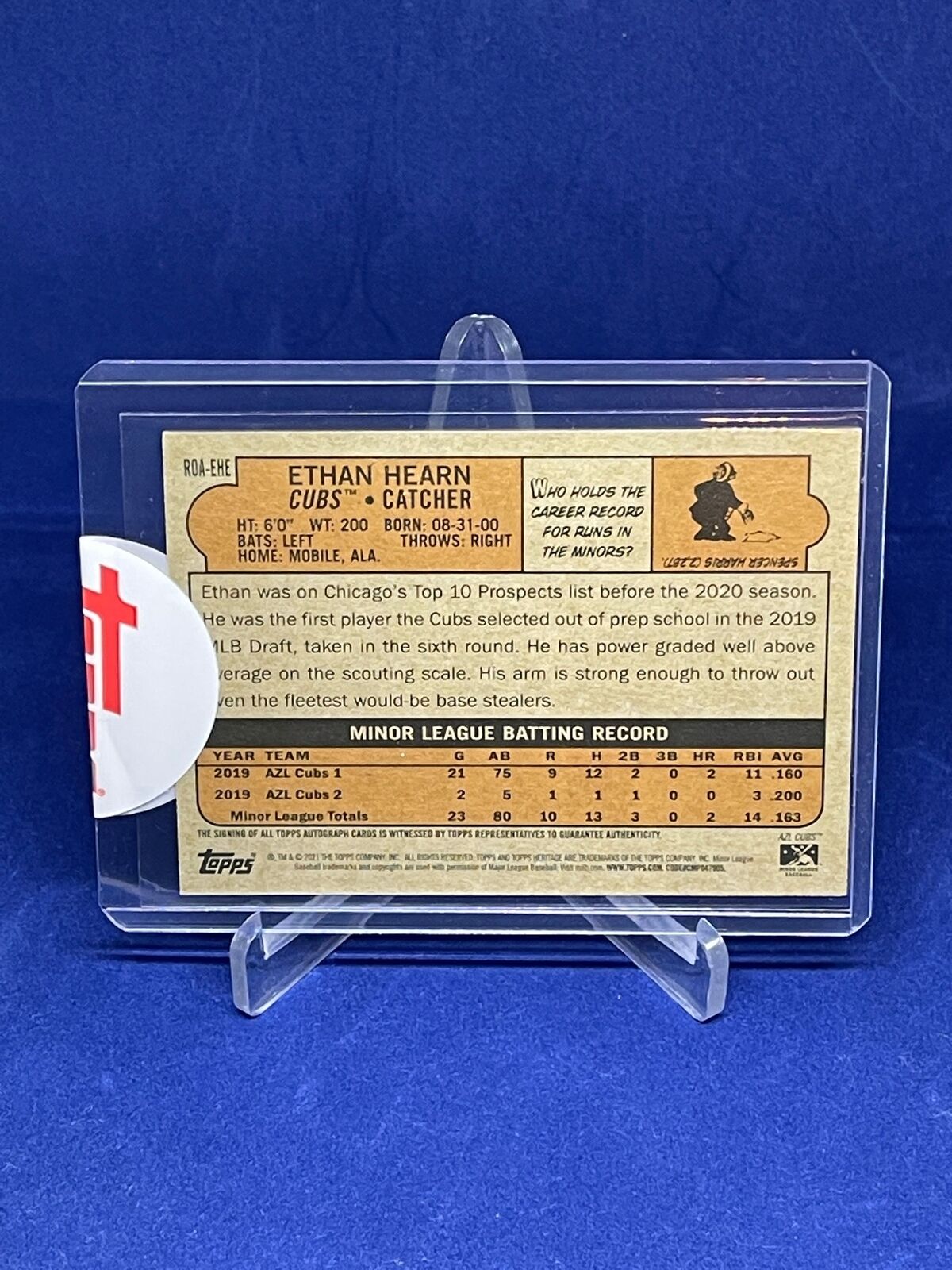 ETHAN HEARN 2021 TOPPS HERITAGE MINORS REAL ONE ON CARD AUTO PROSPECT