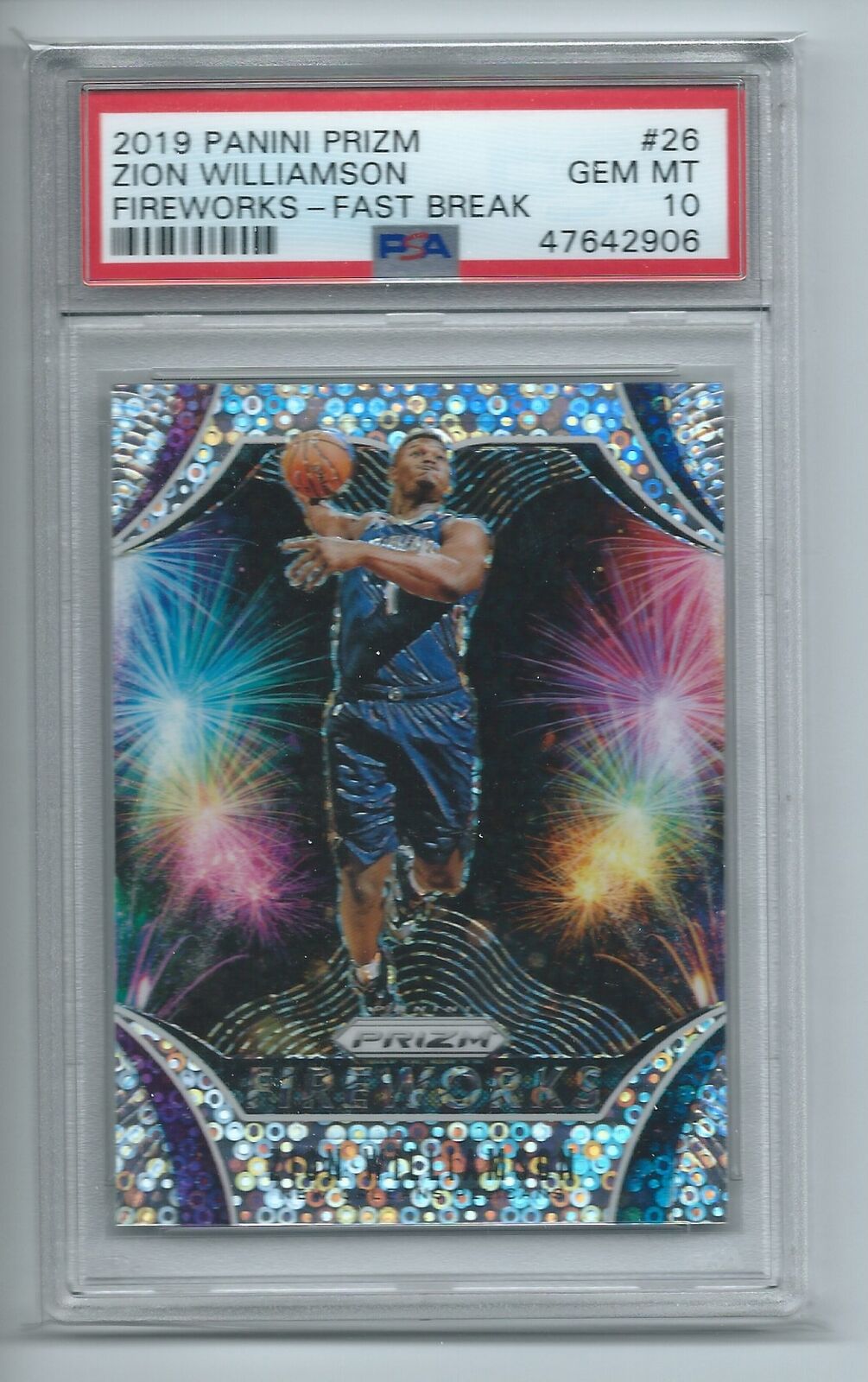 ZION WILLIAMSON 2019-20 PANINI PRIZM FIREWORKS FAST BREAK PRIZM RC PSA 10 GEM