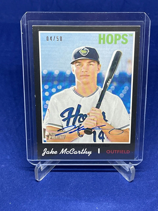 JAKE MCCARTHY 2019 TOPPS HERITAGE MINORS ON CARD AUTO PROSPECT BLACK #D 4/50