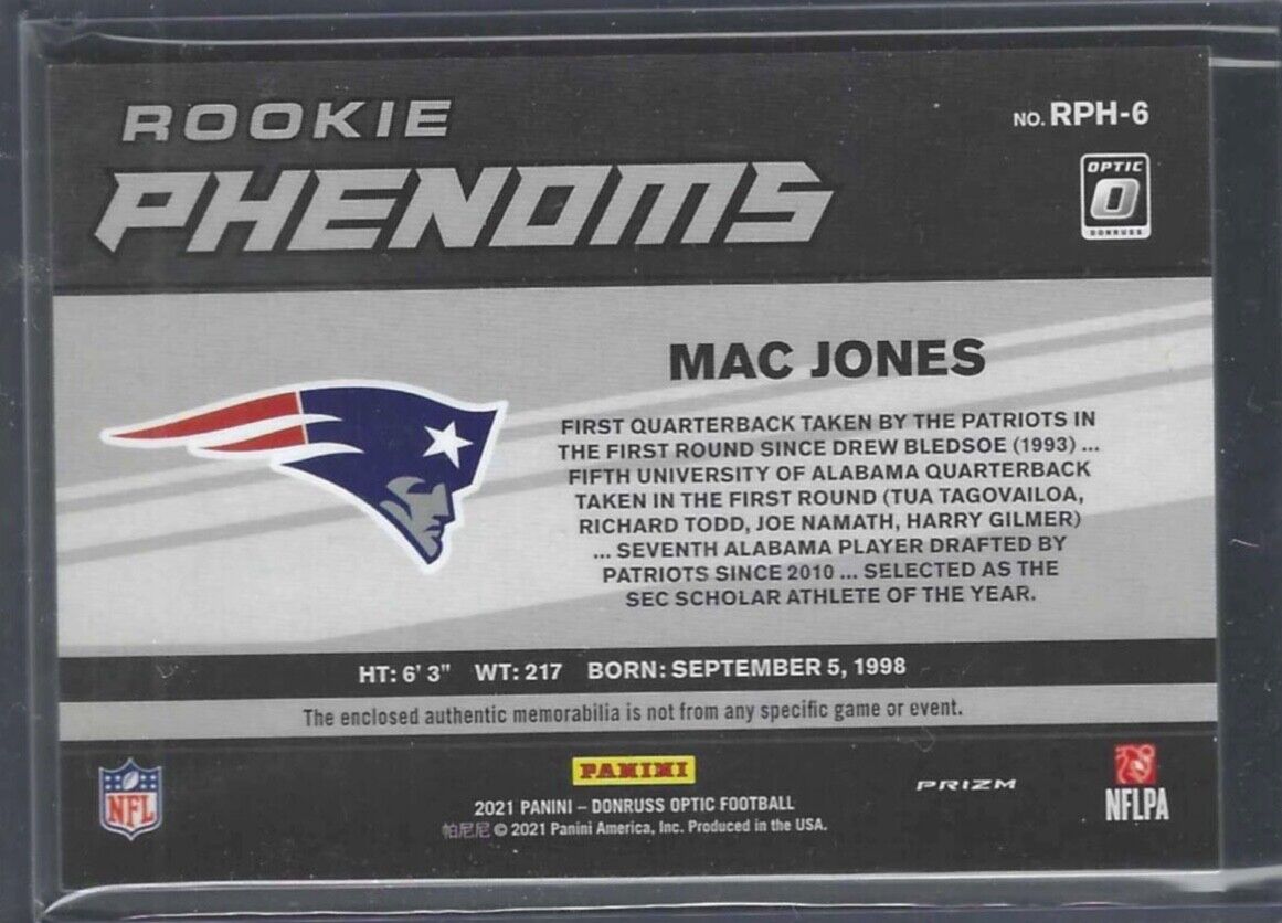 MAC JONES 2021 PANINI DONRUSS OPTIC RED PRIZM ROOKIE PHENOMS PATCH RC #RPH-6