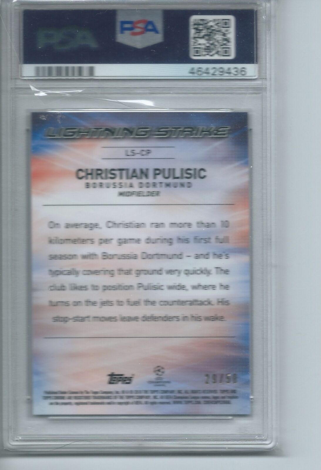 CHRISTIAN PULISIC 2017 TOPPS CHROME LIGHTNING STRIKE GOLD REFRACTR RC /50 PSA 10