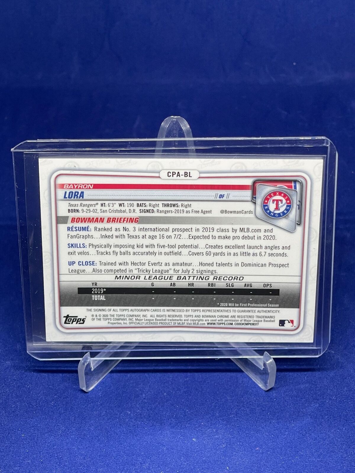 BAYRON LORA 2020 BOWMAN CHROME 1ST ON CARD AUTO PROSPECT