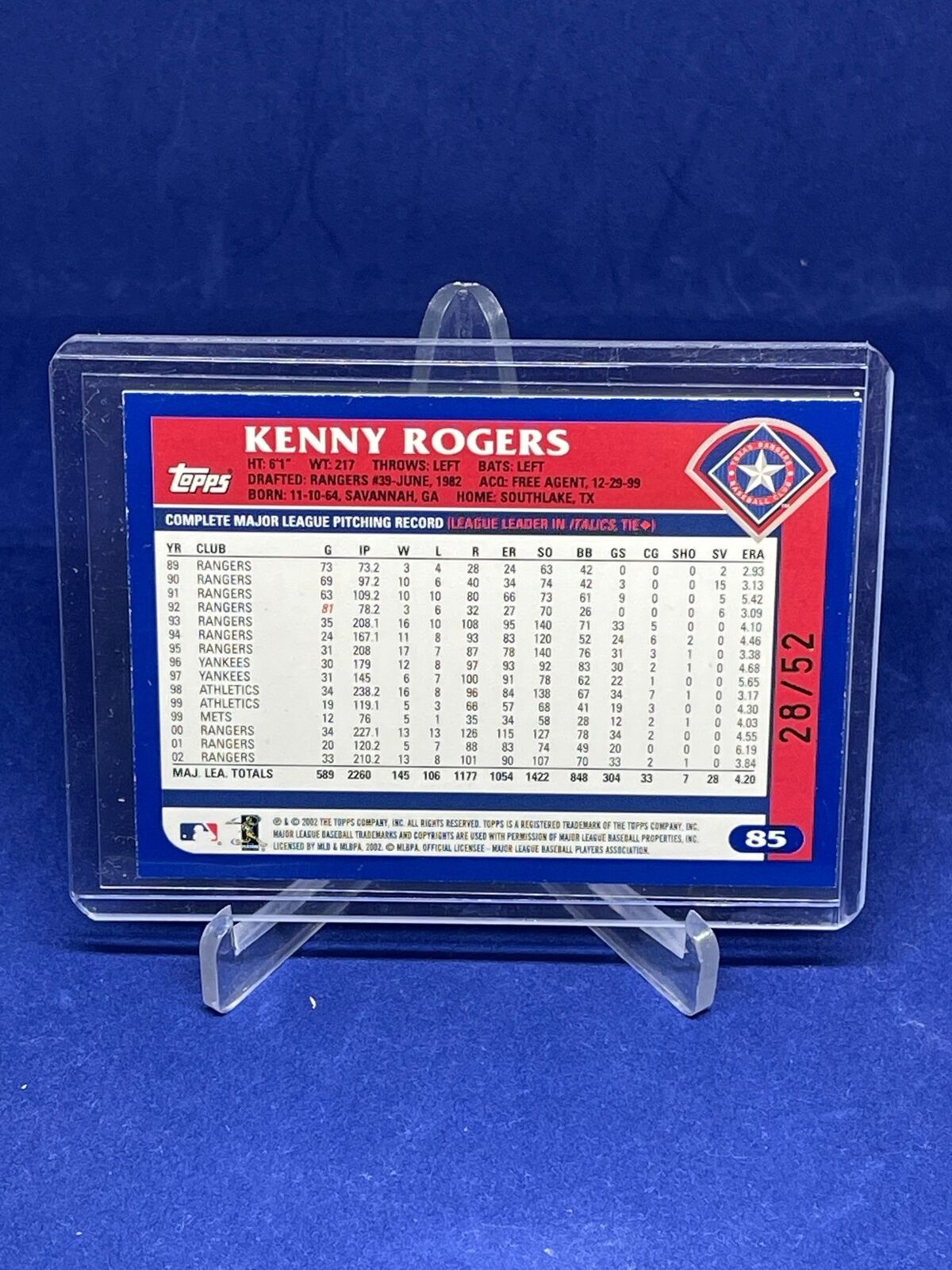 KENNY ROGERS 2002 TOPPS BLACK 52 YEARS OF COLLECTING #D 28/52