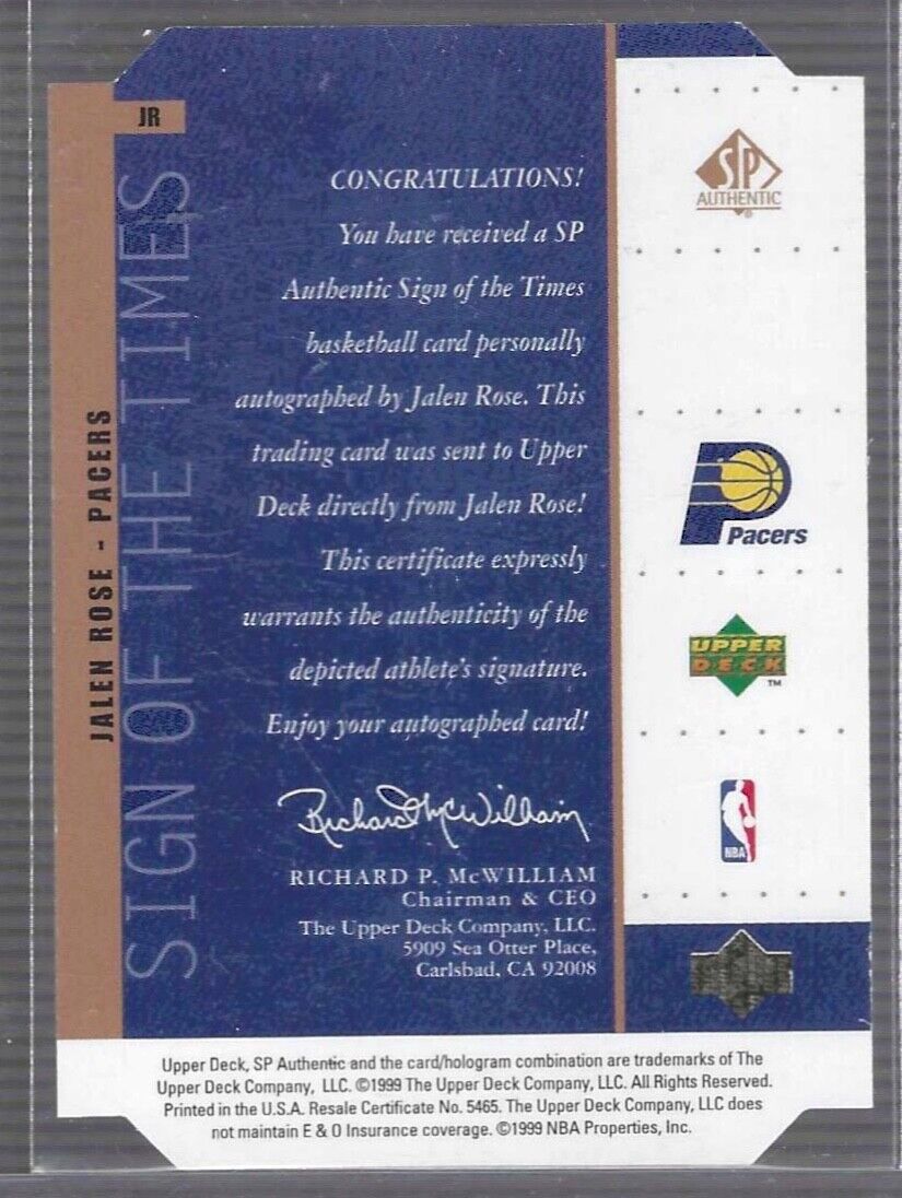 JALEN ROSE 1998-99 UD SP AUTHENTIC SIGN OF THE TIMES DIE CUT ON CARD AUTO #JR