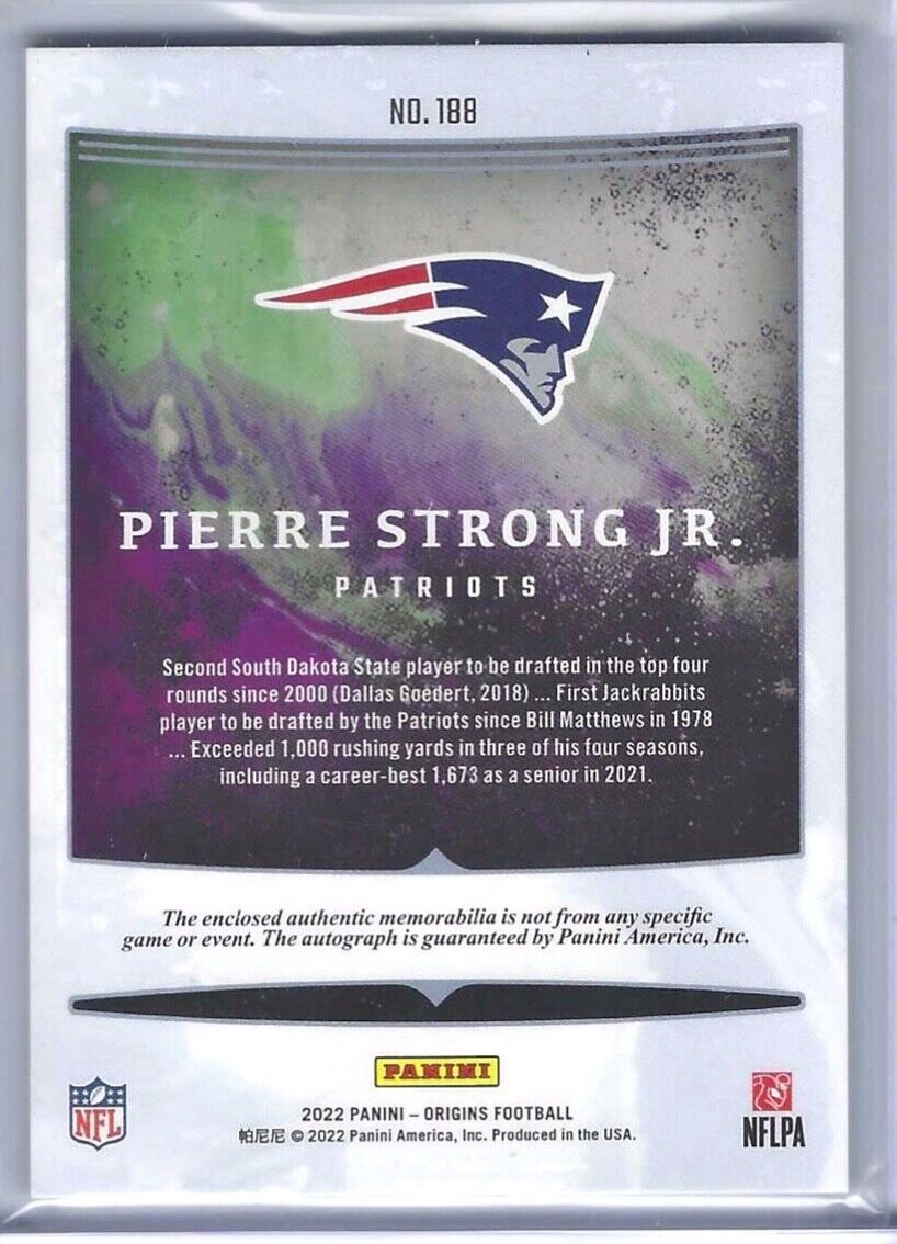 PIERRE STRONG JR 2022 PANINI ORIGINS TEAL AQUA RPA ROOKIE PATCH AUTO RC #D 19/25