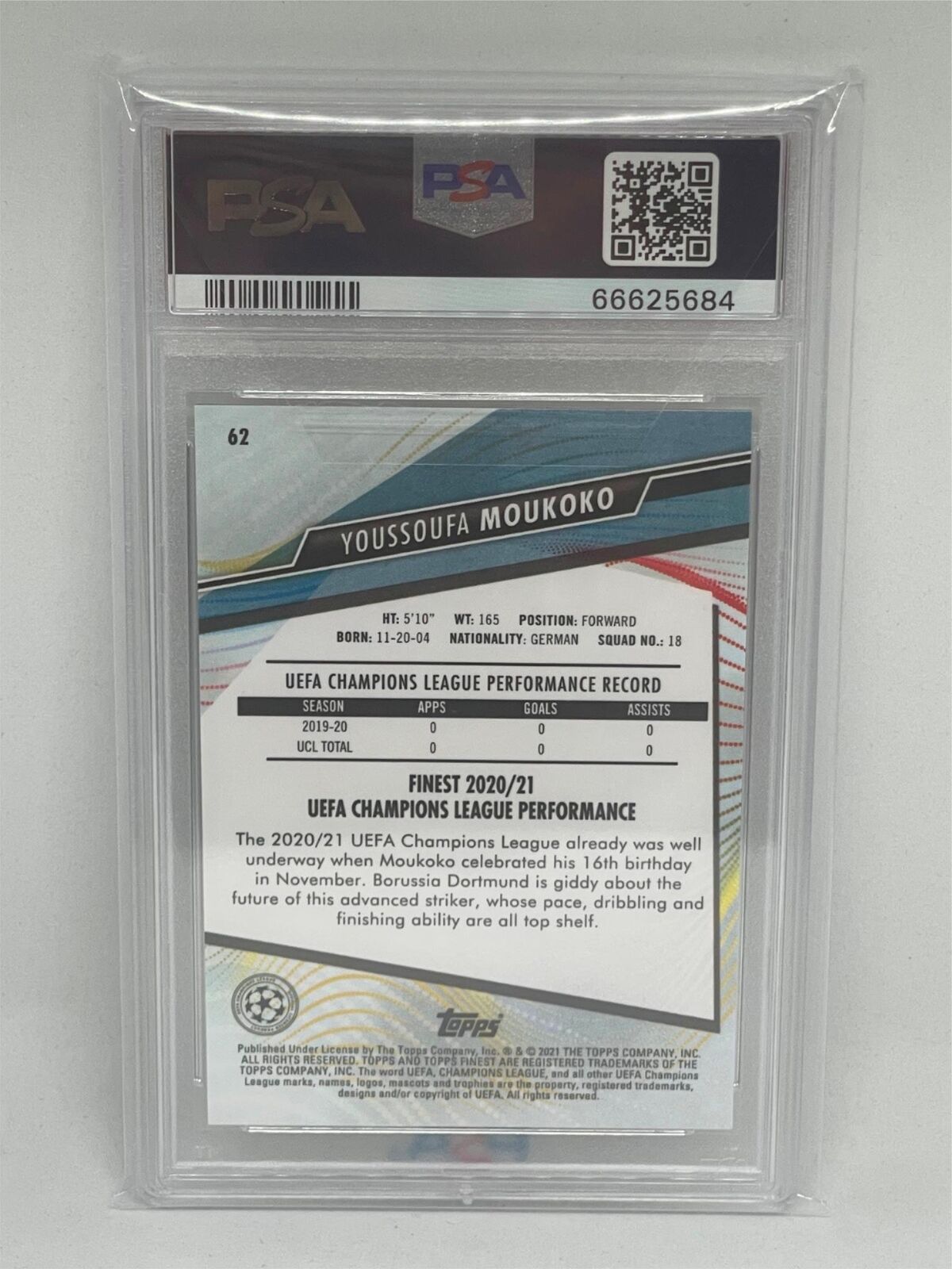 YOUSSOUFA MOUKOKO 2020 TOPPS FINEST UEFA CHAMPIONS LEAGUE #62 ROOKIE RC PSA 10