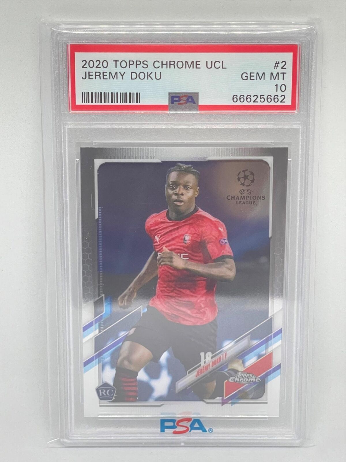 JEREMY DOKU 2020 TOPPS CHROME UEFA CHAMPIONS LEAGUE #2 ROOKIE RC PSA 10 GEM MINT