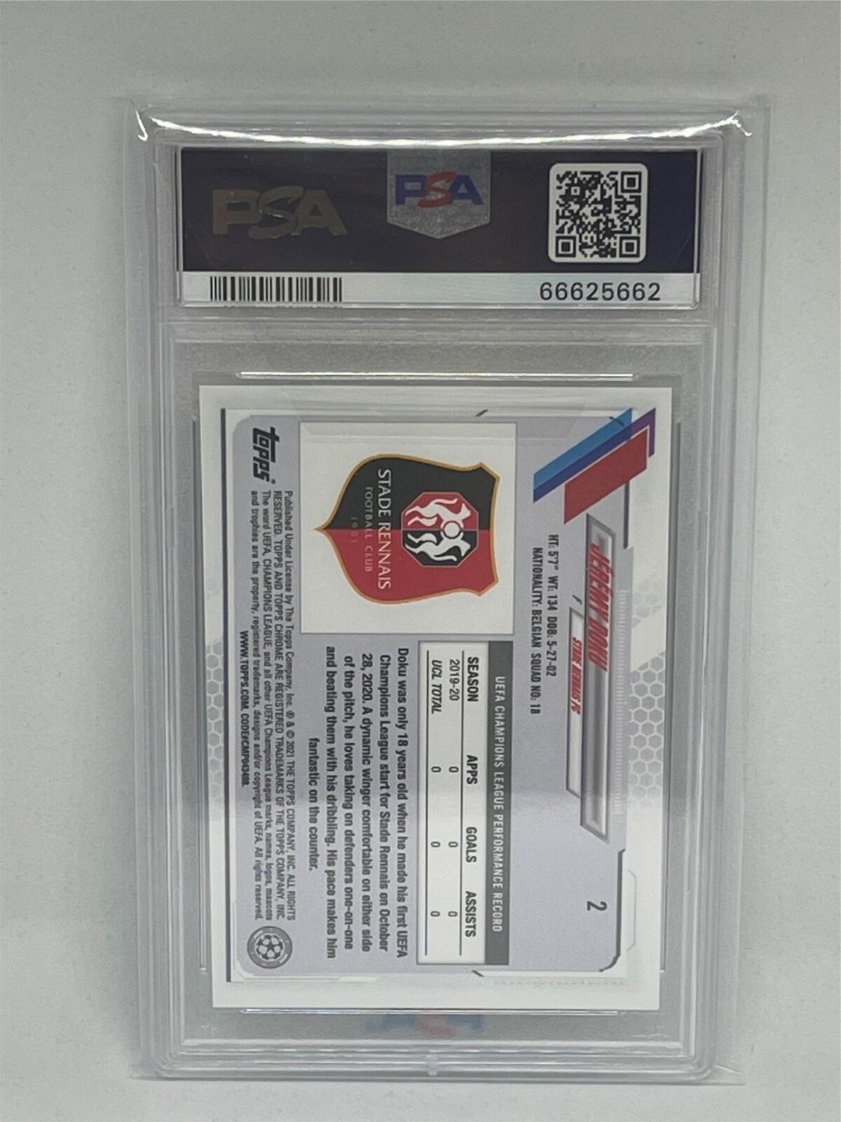 JEREMY DOKU 2020 TOPPS CHROME UEFA CHAMPIONS LEAGUE #2 ROOKIE RC PSA 10 GEM MINT