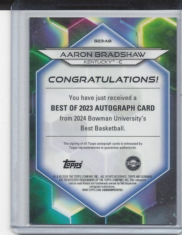 AARON BRADSHAW 2023 BOWMAN'S BEST UNIVERSITY GOLD REFRACTOR AUTO #D 4/50