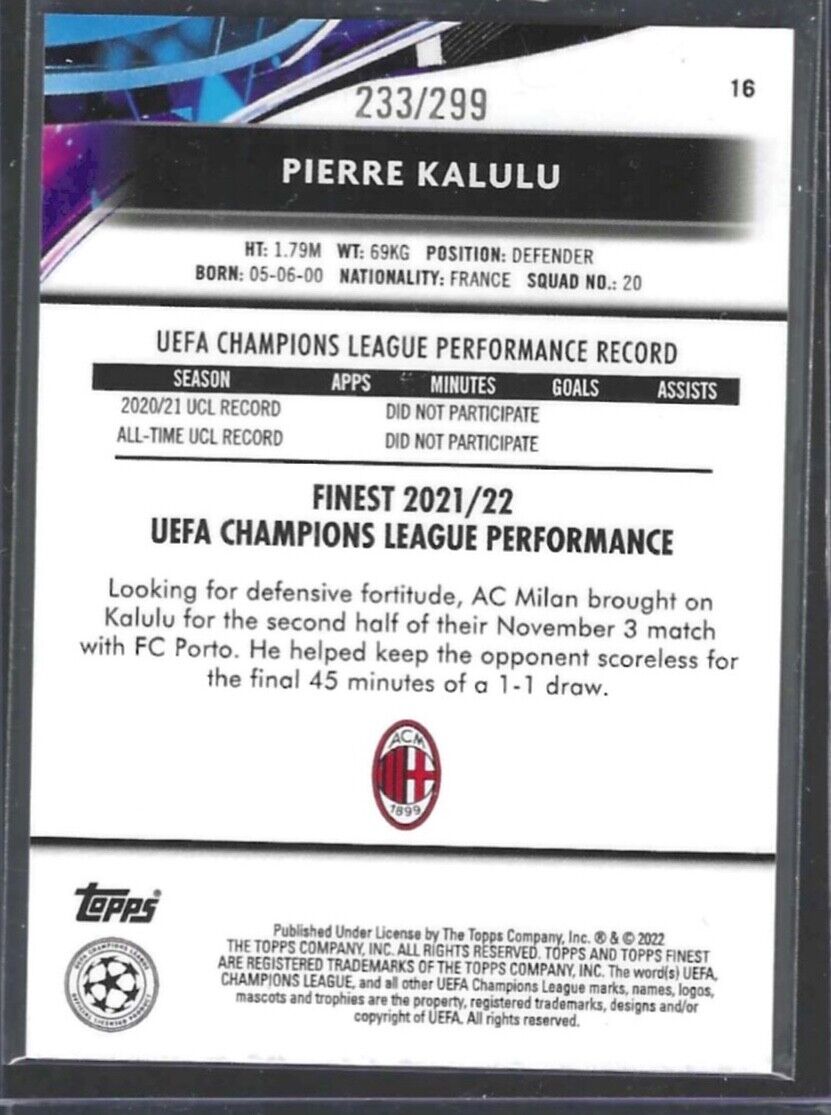 PIERRE KALULU 2021-22 TOPPS FINEST PURPLE REFRACTOR ROOKIE RC #D 233/299