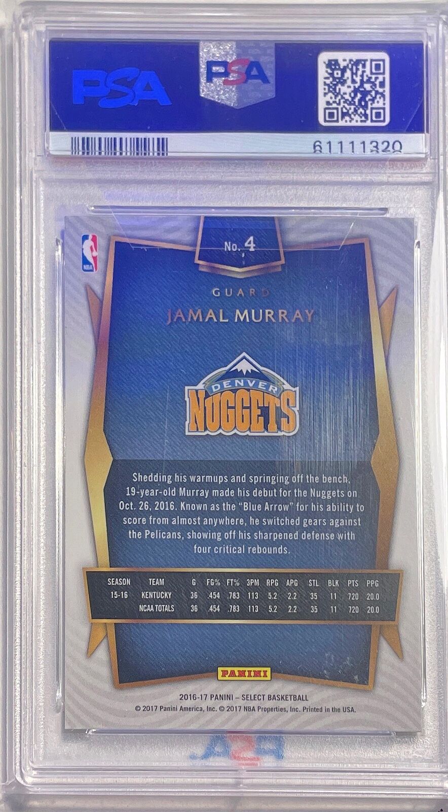 JAMAL MURRAY 2016-17 PANINI SELECT ROOKIE RC #4 PSA 9 MINT