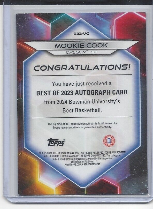 MOOKIE COOK 2023 BOWMANS BEST RED REFRACTOR OREGON AUTO #D 10/10