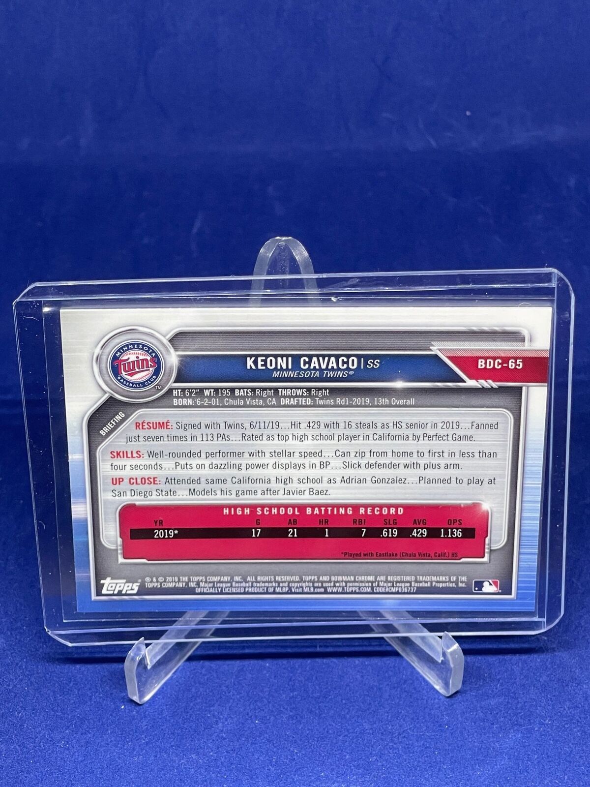 KEONI CAVACO 2019 BOWMAN CHROME 1ST GREEN REFRACTOR PROSPECT #D 28/99