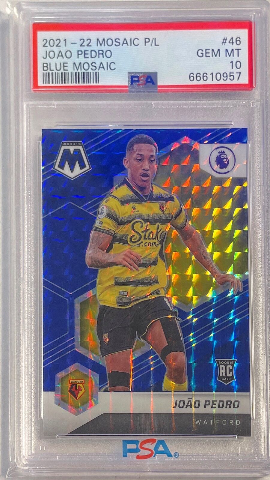 JOAO PEDRO 2021-22 MOSAIC EPL BLUE MOSAIC PRIZM RC #D 23/99 PSA 10 GEM POP 2