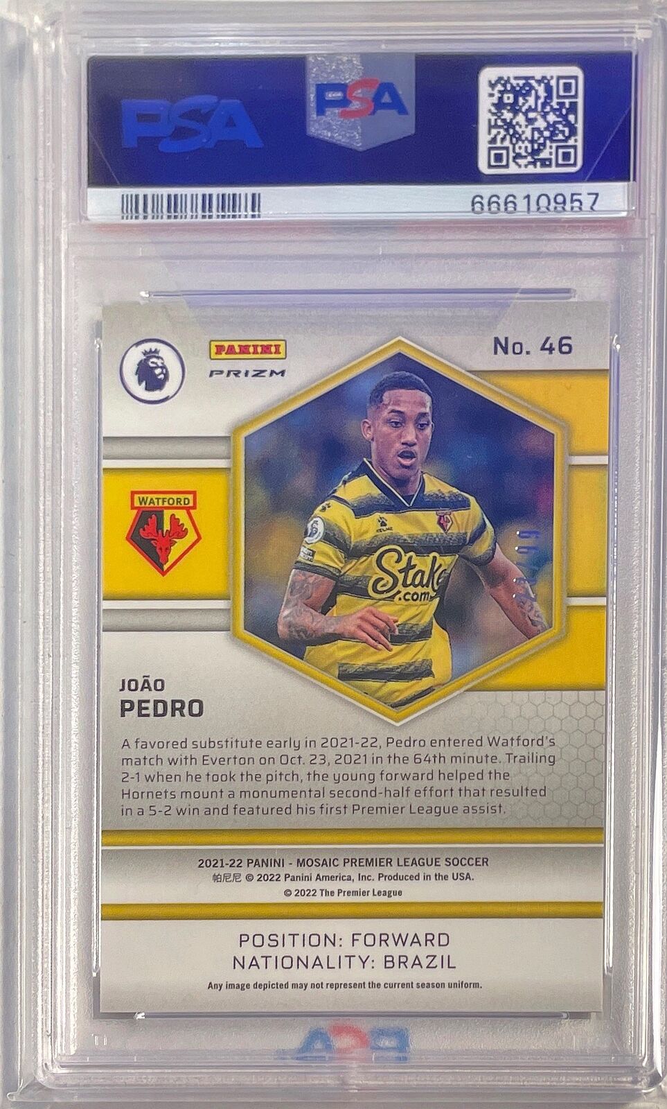 JOAO PEDRO 2021-22 MOSAIC EPL BLUE MOSAIC PRIZM RC #D 23/99 PSA 10 GEM POP 2