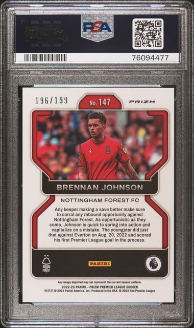 BRENNAN JOHNSON 2022-23 PRIZM PREMIER LEAGUE PINK PRIZM RC /199 PSA 9 MINT POP 4