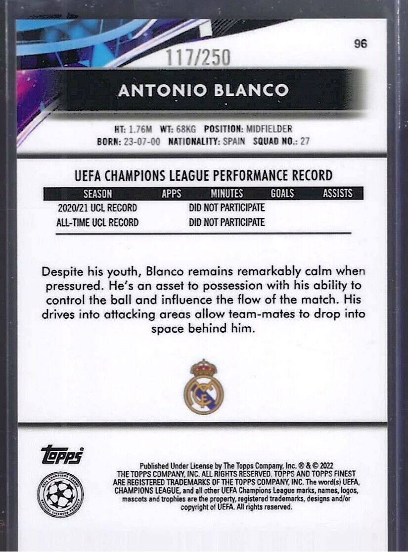 ANTONIO BLANCO 2021-22 TOPPS FINEST YELLOW HYPER REFRACTOR ROOKIE RC #D 117/250