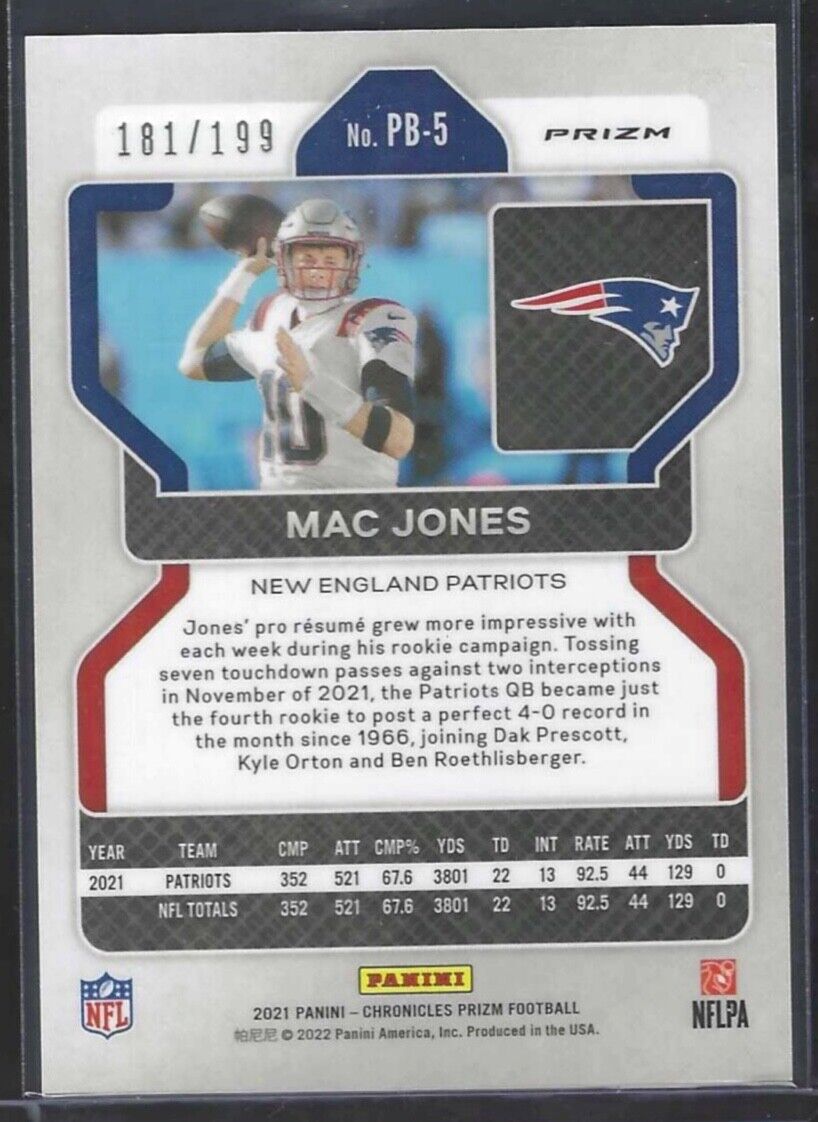 MAC JONES 2021 PANINI CHRONICLES PRIZM BLACK PURPLE PRIZM ROOKIE RC #D 181/199