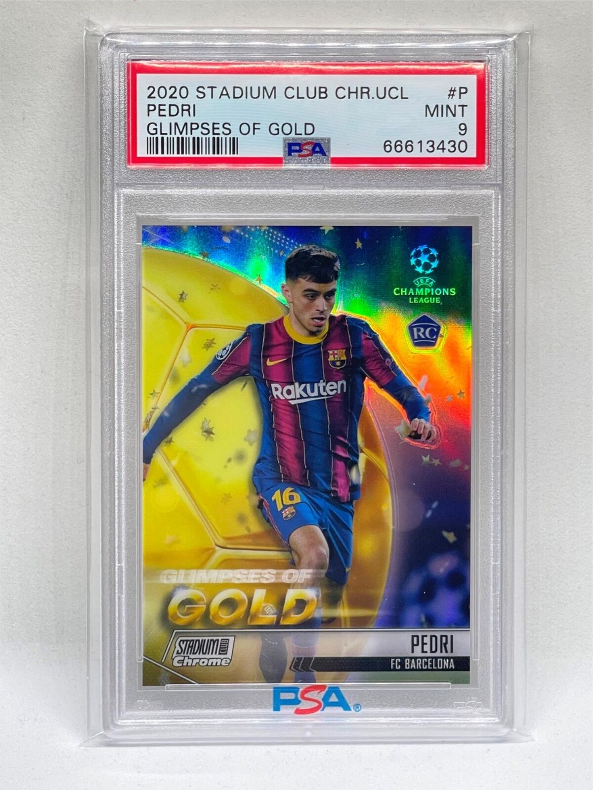 PEDRI 2020 TOPPS STADIUM CLUB CHROME UCL GLIMPSES OF GOLD REFRACTOR RC PSA 9