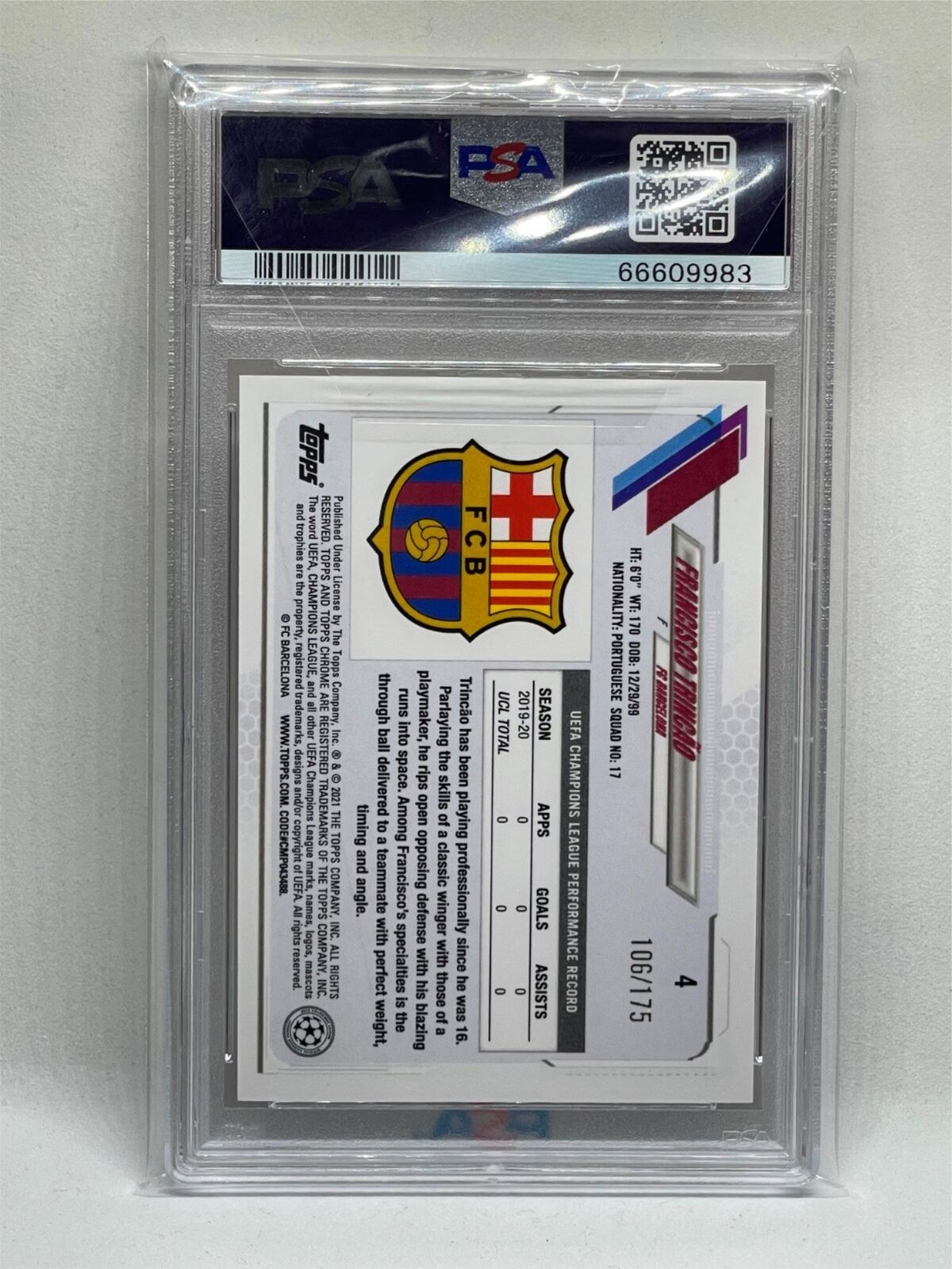 FRANCISCO TRINCAO 2020 TOPPS CHROME PINK DIAMOND REFRACTOR RC /175 PSA 9 POP 1/1