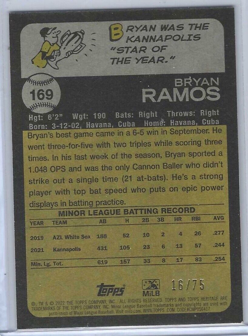 BRYAN RAMOS 2022 TOPPS HERITAGE MINOR LEAGUE GREEN BORDER PROSPECT #D 16/75