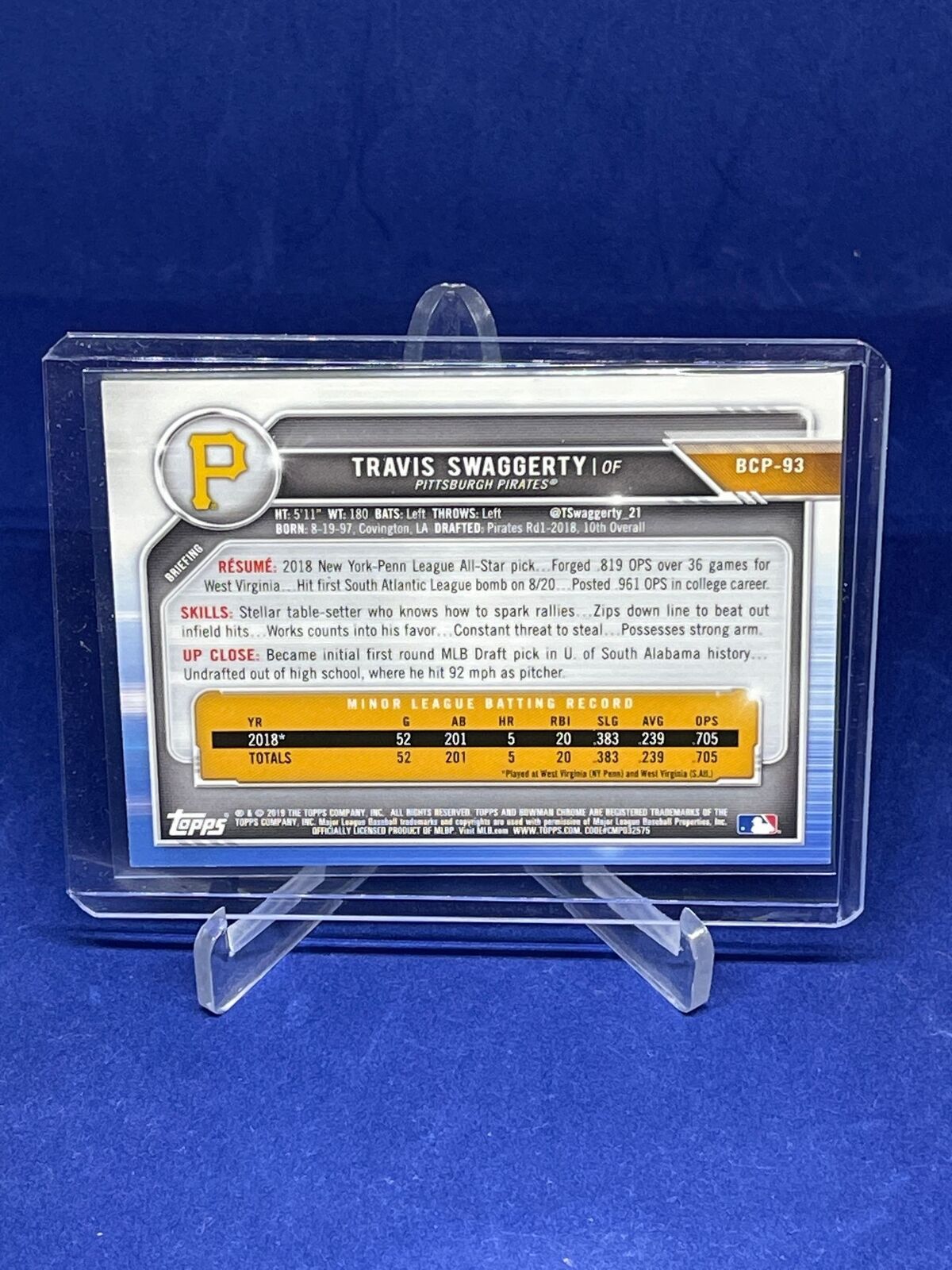 TRAVIS SWAGGERTY 2019 BOWMAN CHROME BLUE SHIMMER REFRACTOR PROSPECT #D 92/150