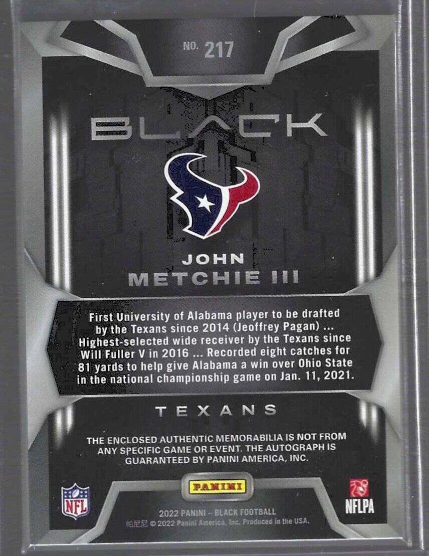 JOHN METCHIE III 2022 PANINI BLACK RPA JUMBO 3 COLOR PATCH AUTO RC #D 017/199