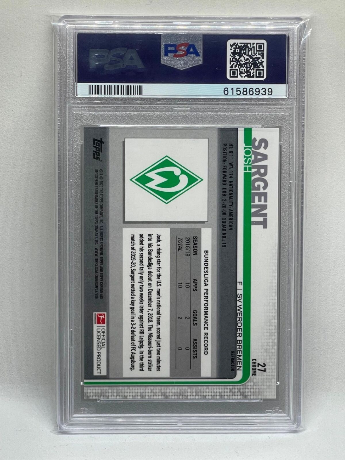 JOSH SARGENT 2019 TOPPS CHROME BUNDESLIGA REFRACTOR #27 ROOKIE RC PSA 10 POP 30