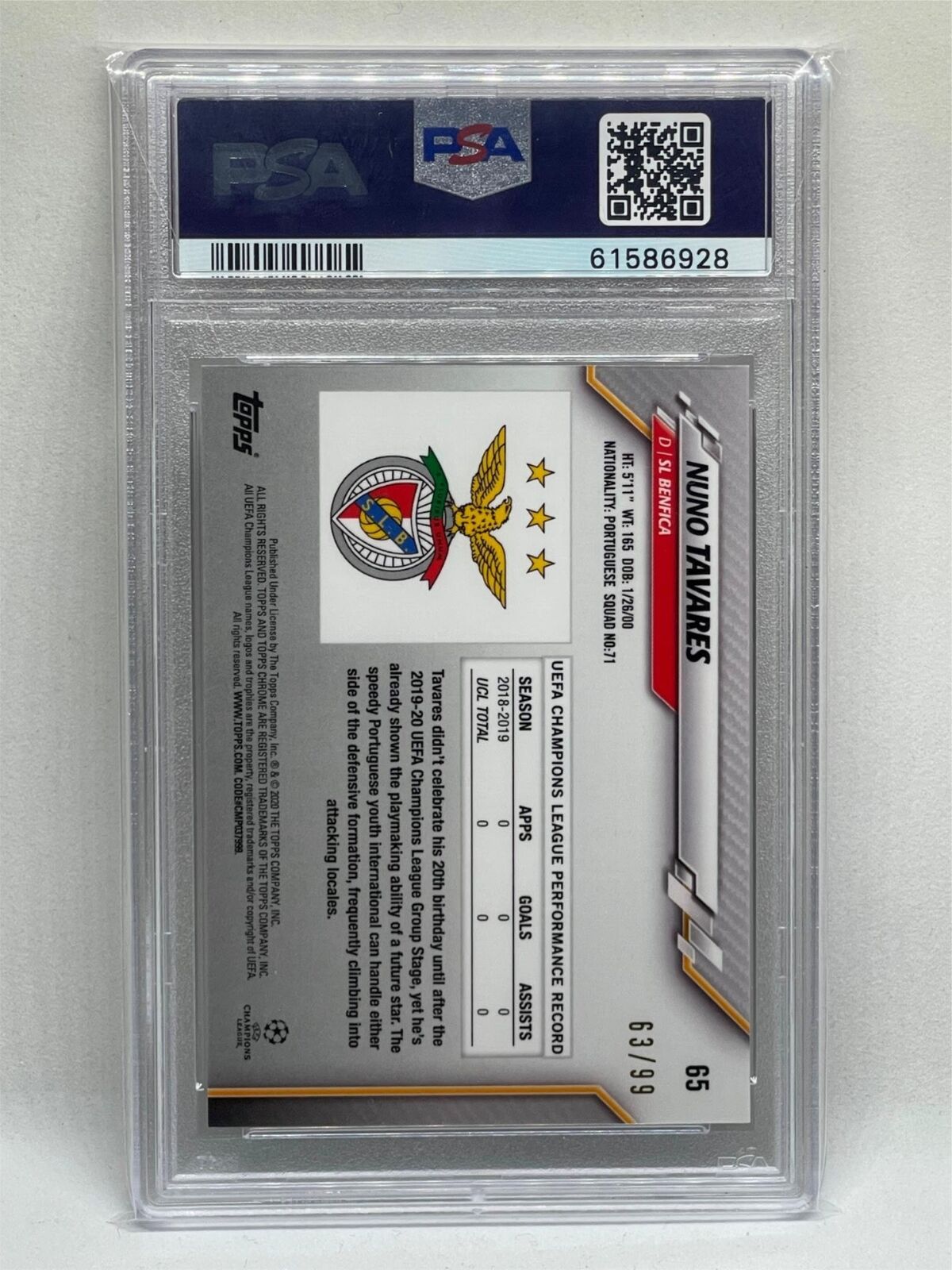 NUNO TAVARES 2019-20 TOPPS CHROME UCL GREEN REFRACTOR RC /99 PSA 10 POP 5