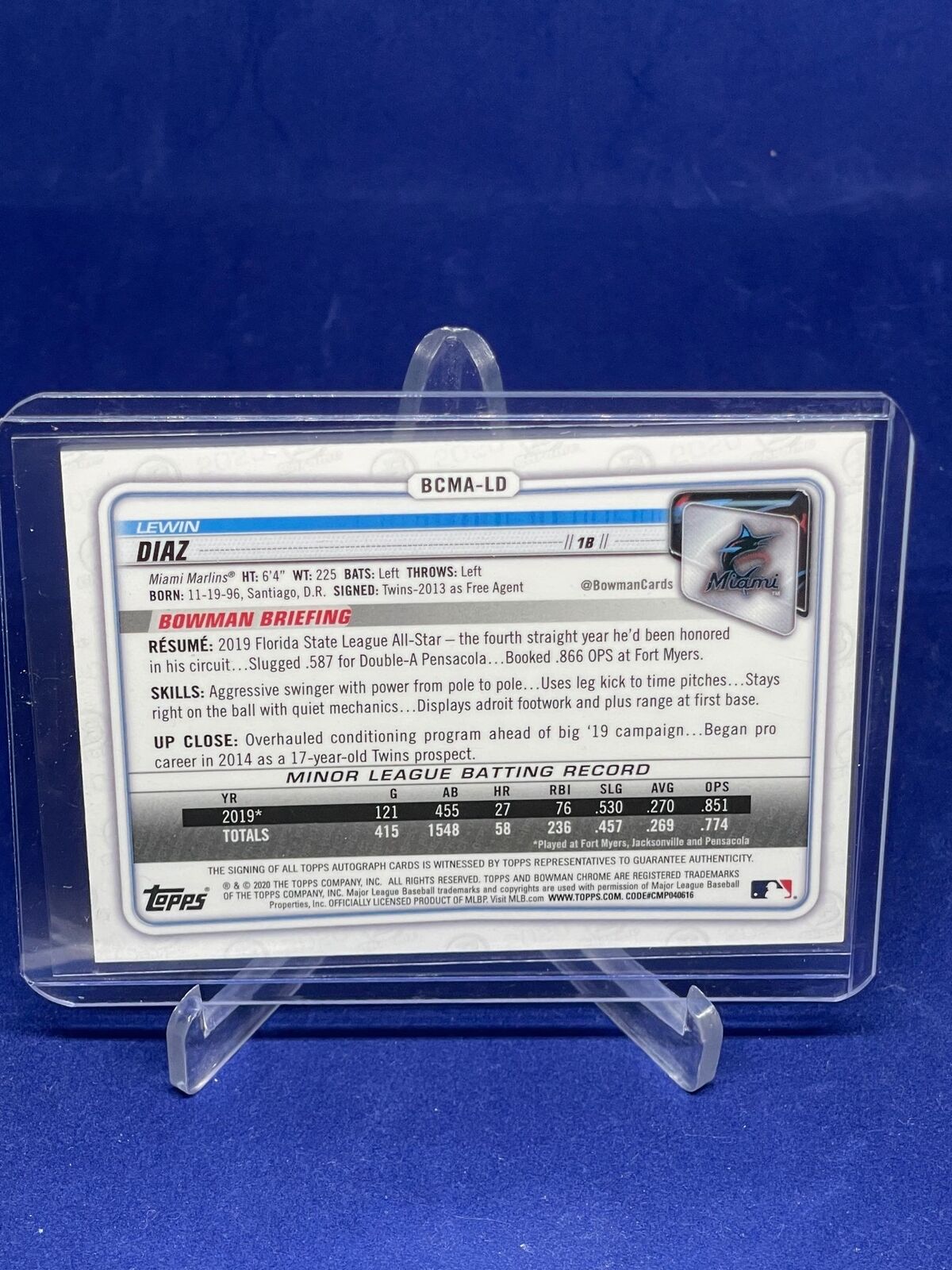 LEWIN DIAZ 2020 BOWMAN CHROME MEGA BOX MOJO REFRACTOR ON CARD AUTO PROSPECT