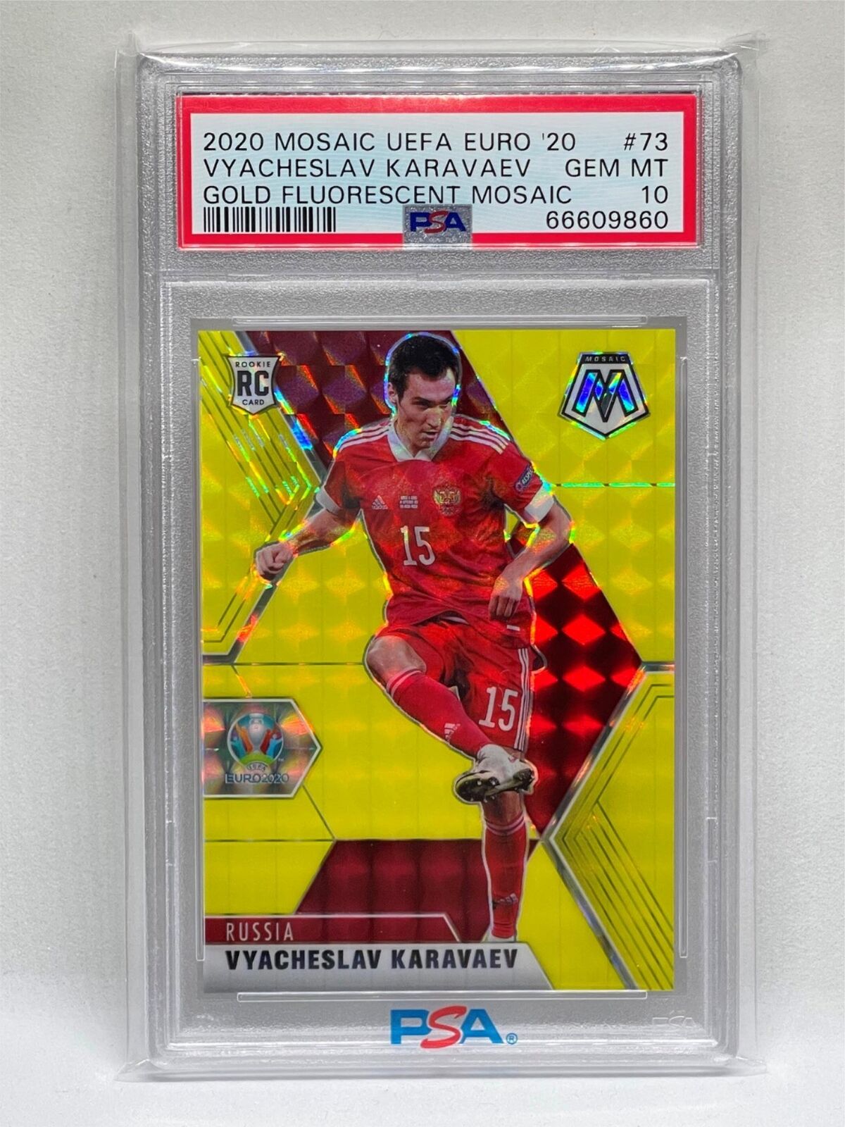 VYACHESLAV KARAVAEV 2020 MOSAIC GOLD FLUORESCENT PRIZM RC #D 2/10 PSA 10 POP 1/1