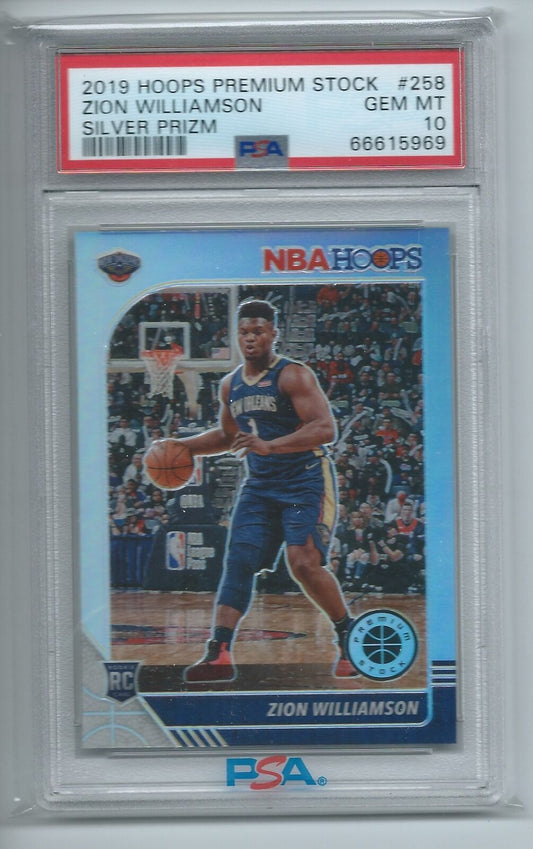 ZION WILLIAMSON 2019-20 PANINI HOOPS PREMIUM STOCK SILVER PRIZM RC #258 PSA 10