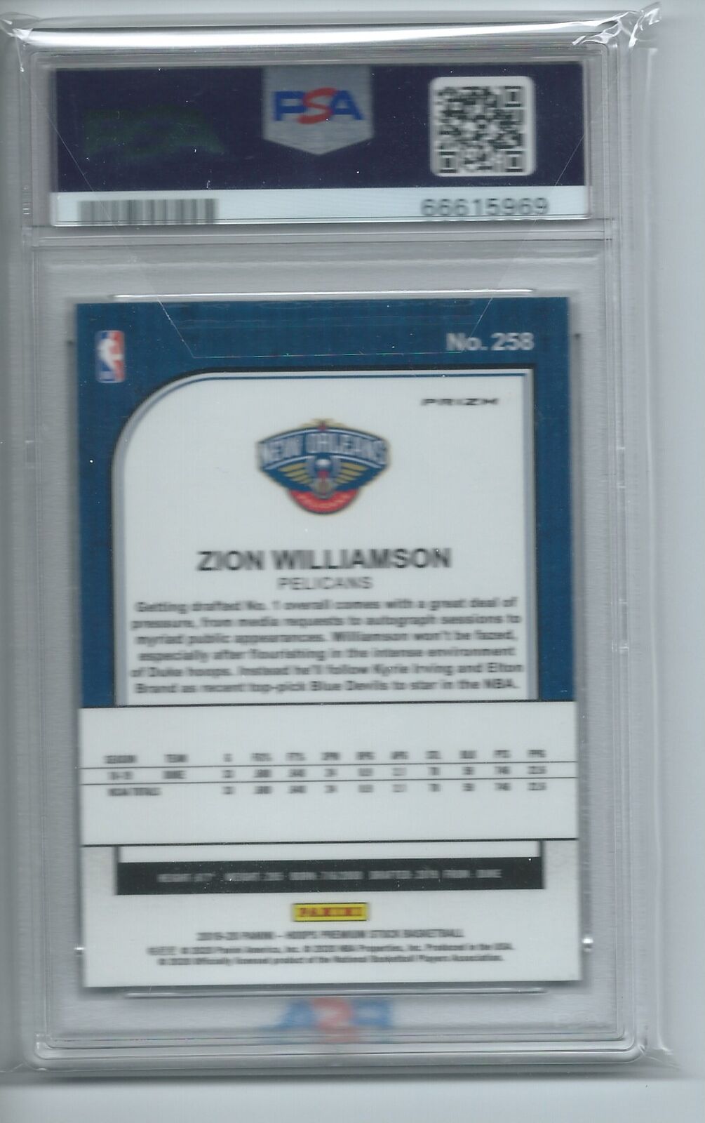 ZION WILLIAMSON 2019-20 PANINI HOOPS PREMIUM STOCK SILVER PRIZM RC #258 PSA 10