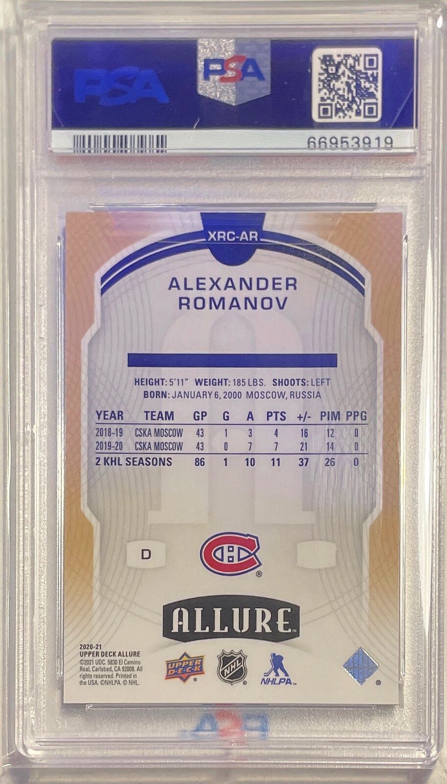 ALEXANDER ROMANOV 2020-21 U.D. ALLURE XRC SILVER ROOKIE RC #XACAR PSA 10 POP 1/1