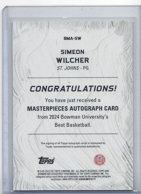 SIMEON WILCHER 2023 BOWMANS BEST UNIVERSITY MASTERPIECES REFRACTOR AUTO #D 24/75