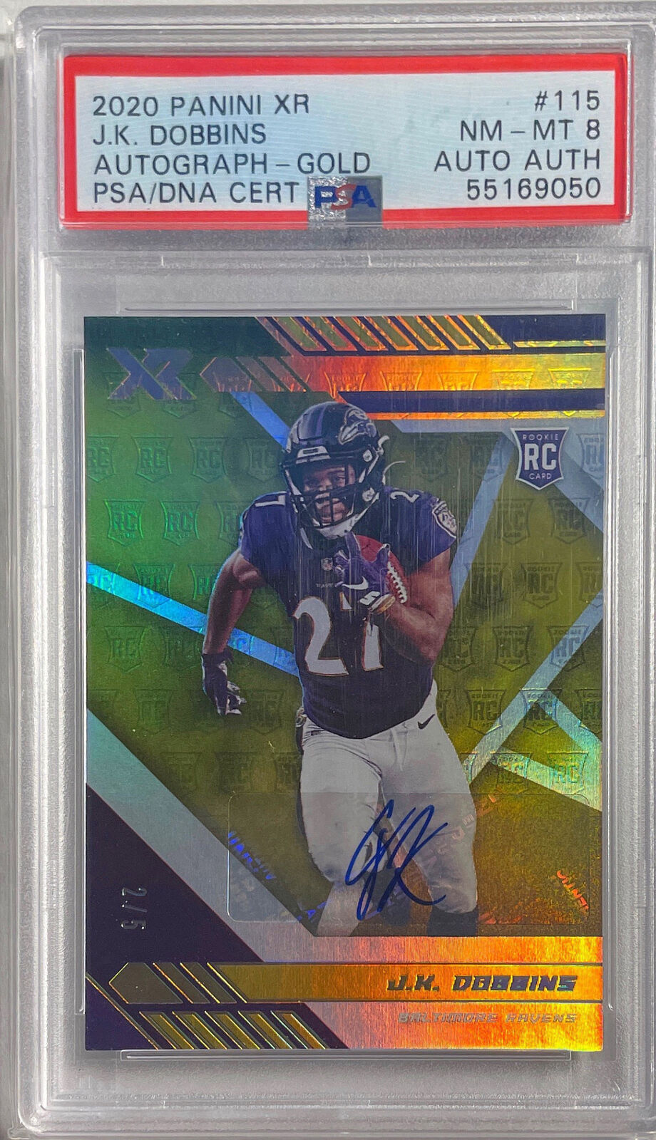 J.K. DOBBINS 2020 PANINI XR GOLD AUTO RC #D 2/5 PSA 8 NEAR MINT TO MINT POP 1/1